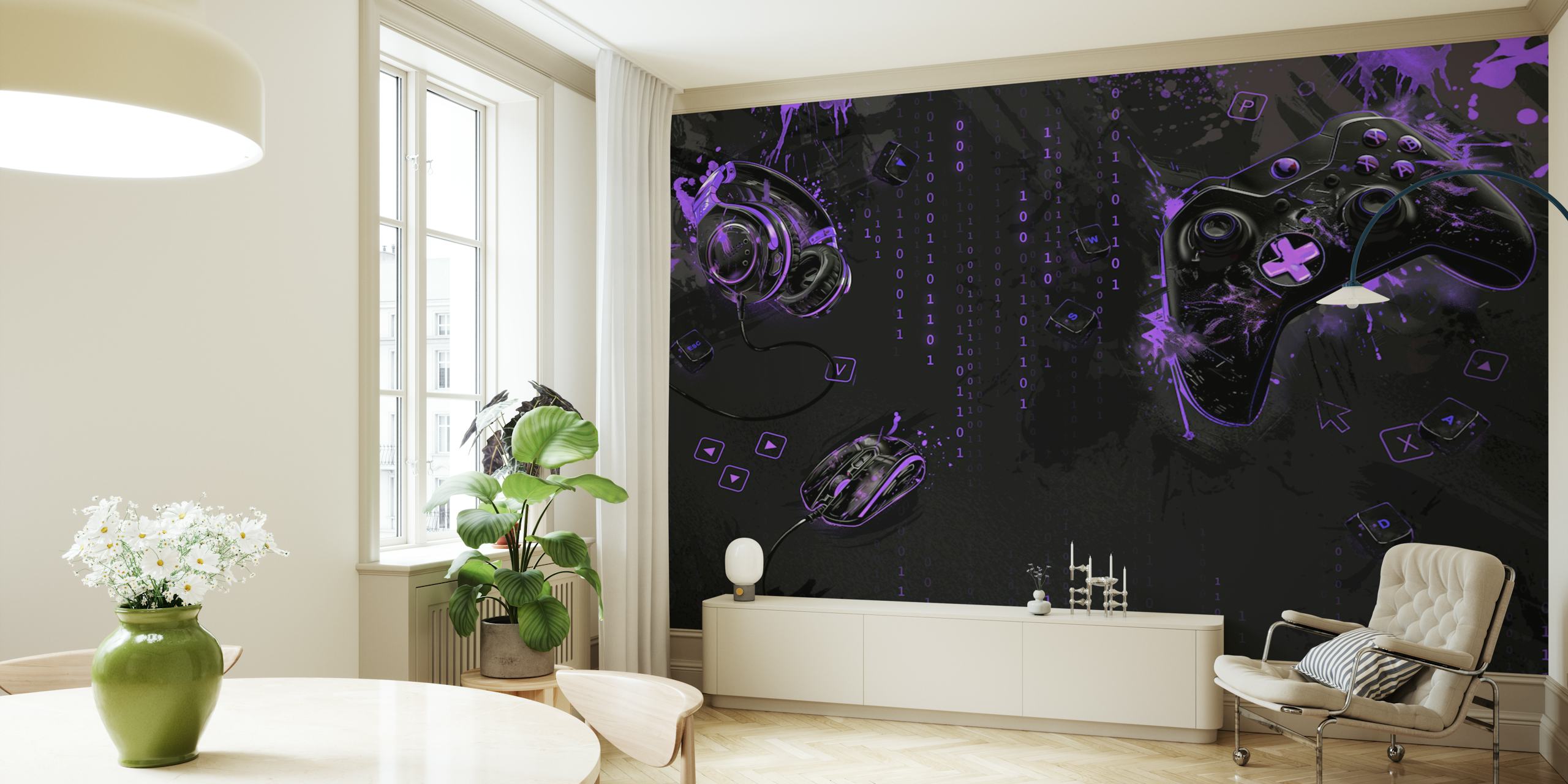 Gaming gear including a controller, mouse, and headset on a violet and black background wallpaper